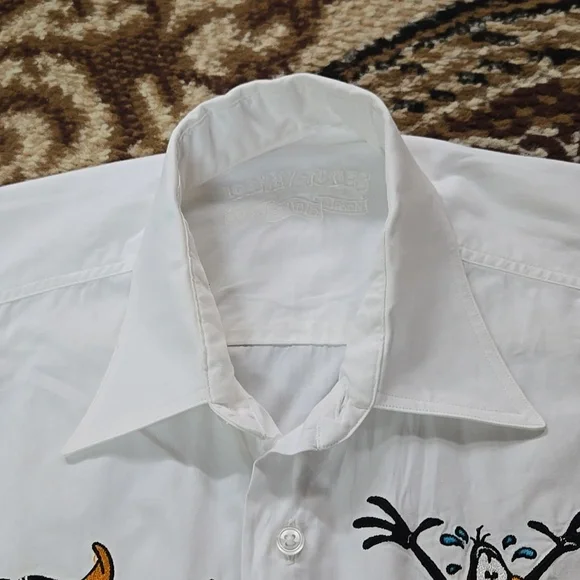 Retro 90s Looney Toons Daffy Duck White Cotton Button Up Shirt Vintage 1990s - Picture 13 of 16